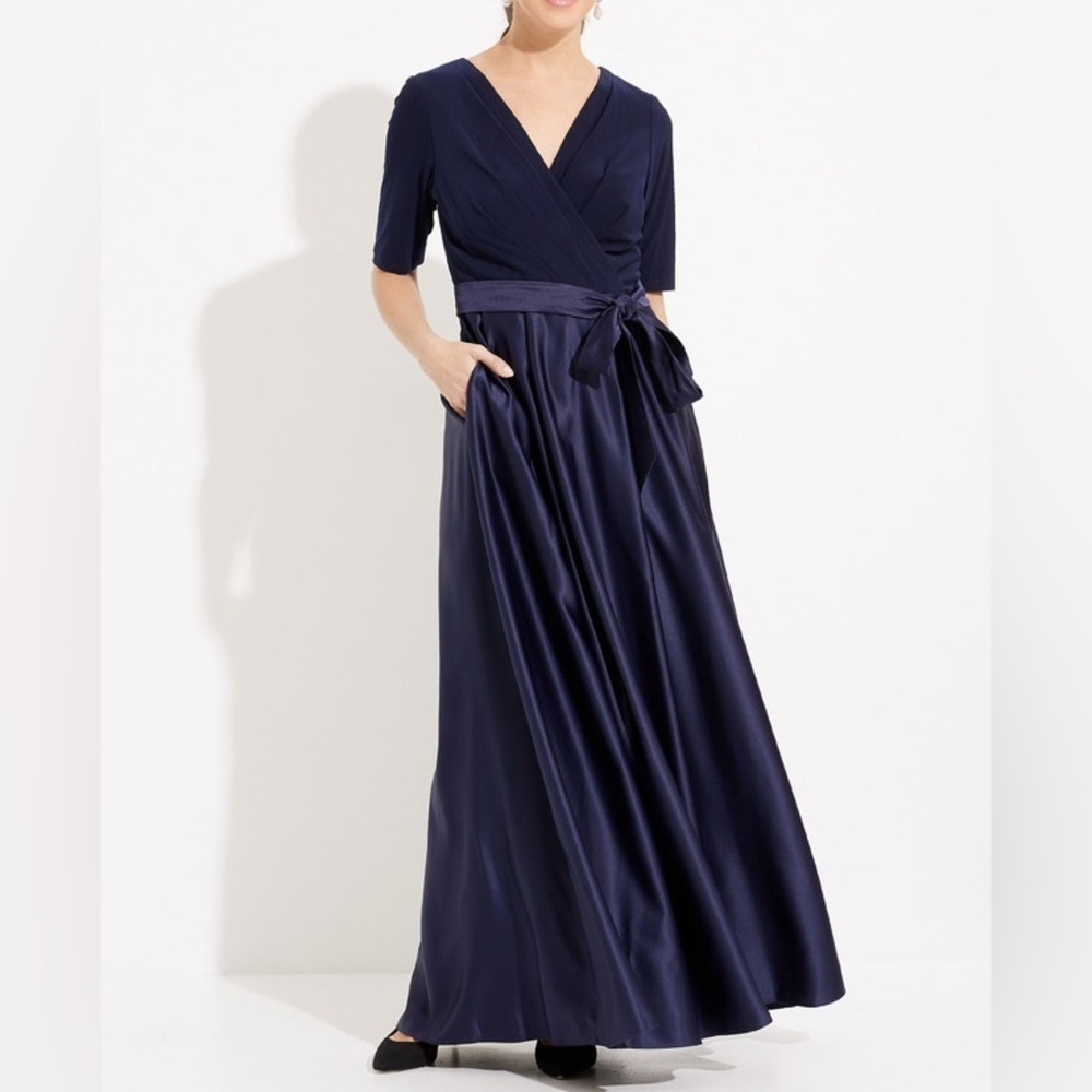 Alex Evenings Wrap Front Satin Style A-Line Maxi Evening Dress with Pockets